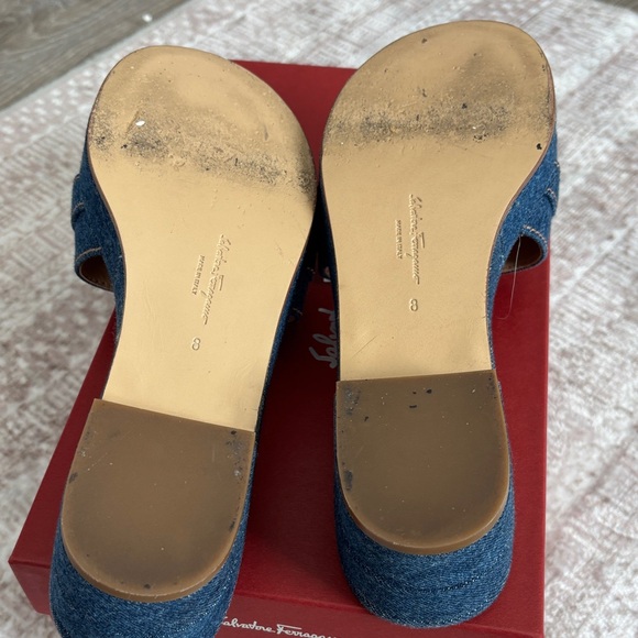 Salvatore Ferragamo Navy Denim Slides with Gold Buckle - Picture 4 of 5